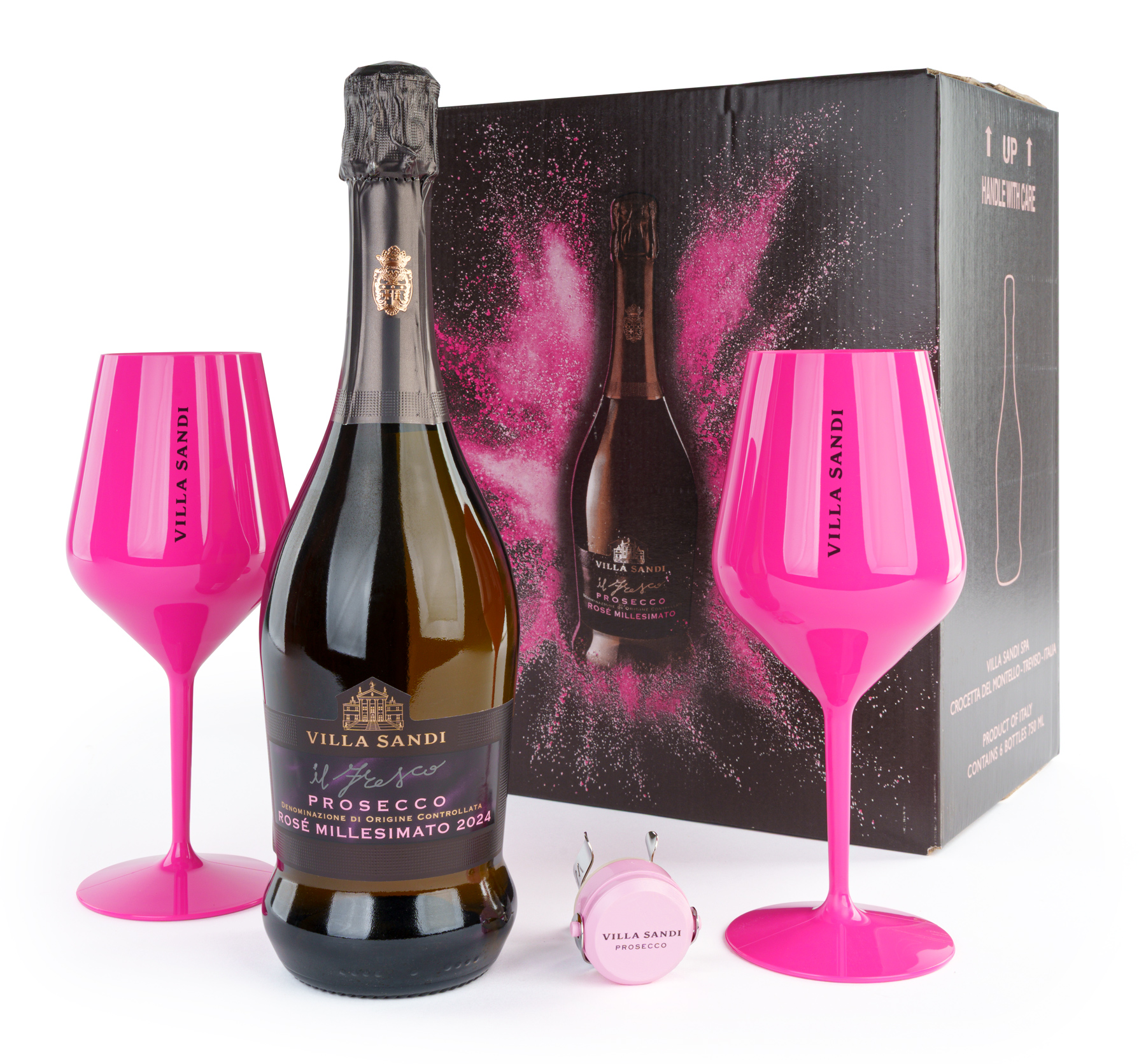 Aktionsangebot 6x Prosecco DOC Rosé + 2 pinke Kunststoffgläser und Sektverschluss