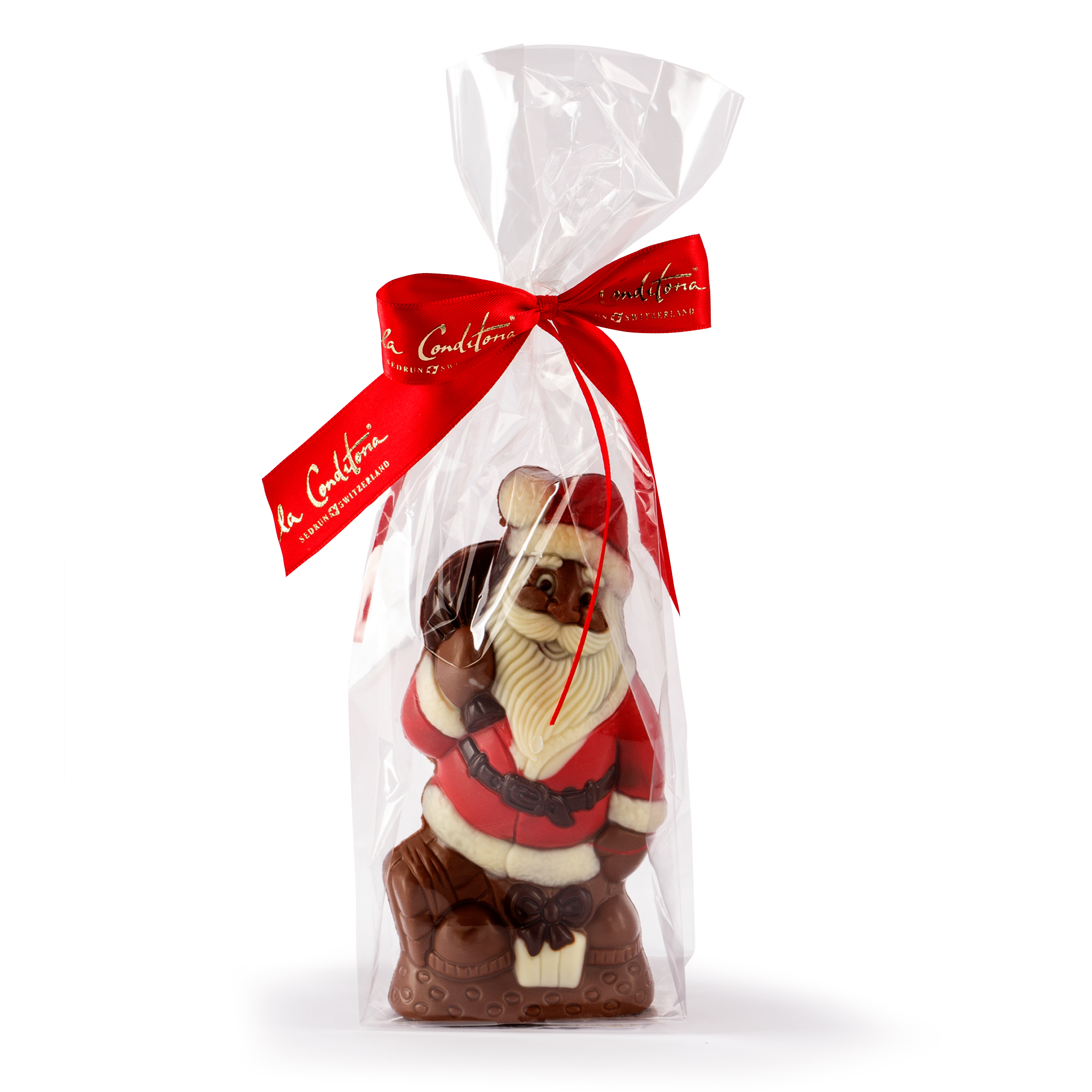 Schokoladen-Weihnachtsmann mit Geschenken und Sack