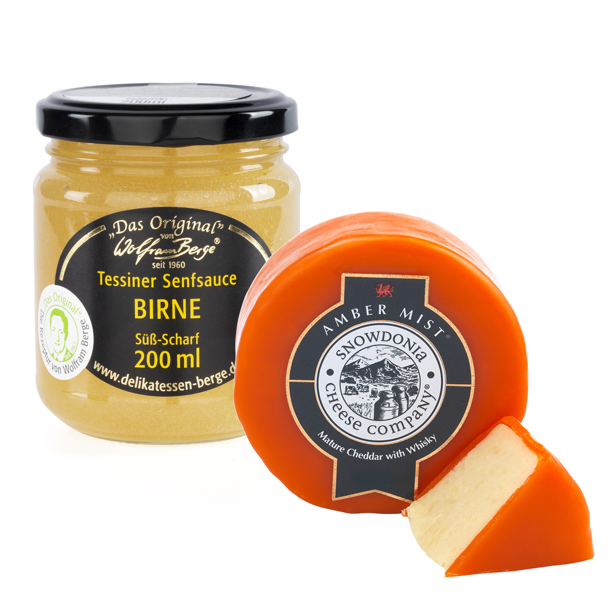 TSS_SCC_01 Original Tessiner Senfsauce Birne + AMBER MIST ® Whisky Cheddar  Set